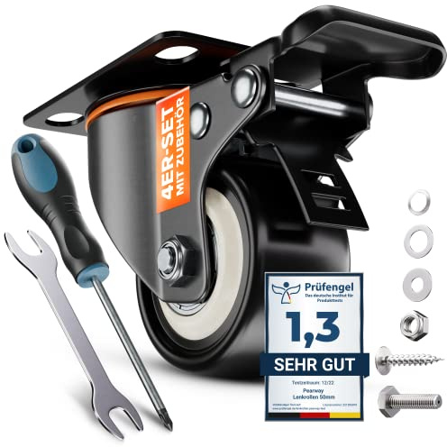 PEARWAY™ Schwerlastrollen 50mm - bis 320kg mit 4x Bremse - extra leise & langlebig - Möbelrollen mit Bremse - Rollen für Möbel & Schwerlast - Lenkrollen für Möbel & Outdoor - Laufrollen - Bockrollen