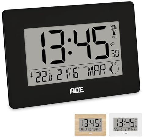 ADE Große Funkuhr digital mit XXL-Ziffern | Tischuhr mit Kalender und Wochentag | Digitale Uhr mit Temperaturanzeige | Funkwecker digital mit Batterie | schwarz