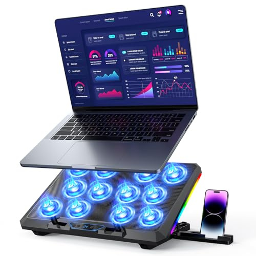 Trullypine Laptop Kühlpad für 12-17,3 Zoll, leistungsstarke 12 leise Lüfter, schnelle Kühlung, ergonomischer Notebook Cooler Ständer, 5 höhenverstellbar, 2 USB-Anschlüsse, Telefonhalter (LCD)