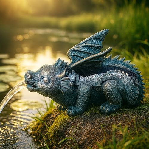 Gartenbrunnen Zimmerbrunnen ZAUBER-Drache 230V | Fantasy Wasserspiel mit Pumpe für Garten, Gartenteich, Terrasse, Balkon