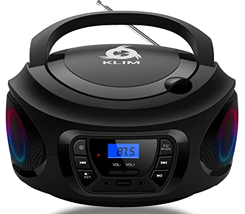 KLIM Boombox Radio mit CD Player - NEU - FM-Radio, CD Player, Bluetooth, MP3, USB, AUX - Inklusive wiederaufladbaren Akkus - Kabelgebundene und kabellose Modi - Kompakt und robust (Schwarz)