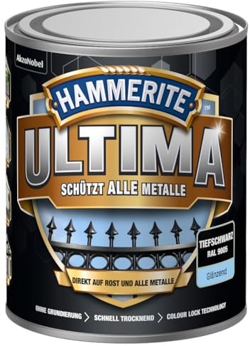 Hammerite Ultima Glänzend, Metallschutzlack, Hochwertiger Schutzlack für alle Metalle im Außenbereich, Tiefschwarz RAL9005, 750 ml