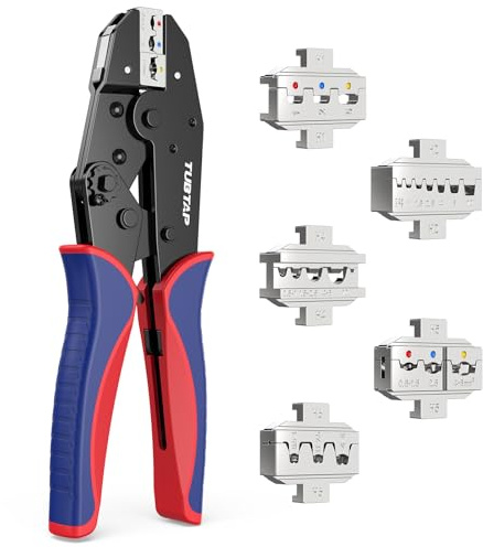 5-teiliges Crimpzange Set - TUBTAP® Crimpzange für isolierte & nicht isolierte Kabelschuhe, Schrumpfschläuche, Aderendhülsen – Krimperzange, Aderendhülsenzange - mit Wechselbacken