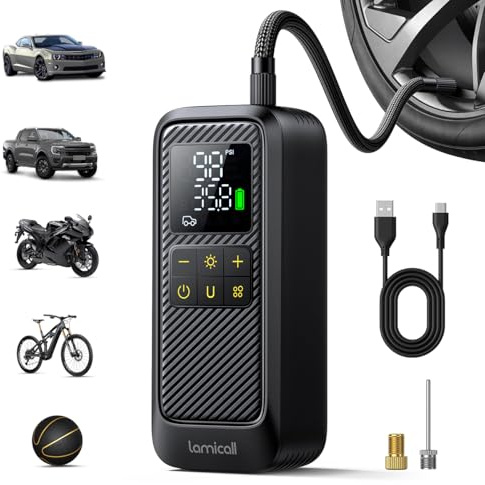 Lamicall Elektrische Luftpumpe, Akku Fahrradpumpe - [5X Schneller] 150PSI Tragbare Fahrrad Pumpe für alle Ventile, Mini Kompressor für Auto, E-Bike, Motorrad, Bälle, Fahrrad Zubehör, mit LED-Licht