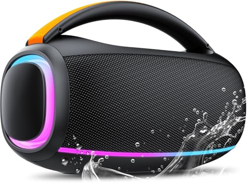 Ajblg Bluetooth Lautsprecher mit Licht, 80W Musikbox Bluetooth, Dualen Bass-Treibern, 8000mAh großer Akku, IPX7 Waterproof, TWS, AUX, TF, Bluetooth Box Geeignet Outdoor/Party/Baustelle