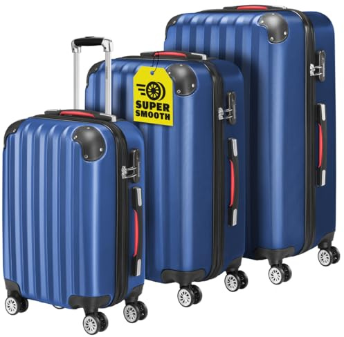 Monzana® 3tlg. Kofferset Baseline Hartschalen Koffer M-L-XL Gel-Griffe 4 Rollen Kantenschutz Schloss Standfüße Trolley Rollkoffer Reisekoffer blau