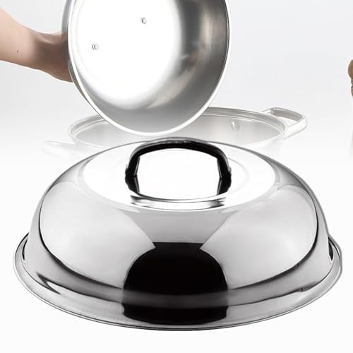 Multifunktionaler runder Wok-Deckel aus Edelstahl mit Griff, Teppanyaki-Deckel zum Braten, Dämpfen, Grillen im Freien (34cm)
