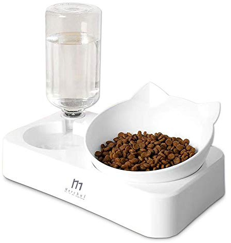 Marchul Katzennapf, 15° Neigbar mit Automatischer Wasserflasche, gekippter erhöhter Wassernapf für Kleine und Mittelgroße Hunde und Katzen