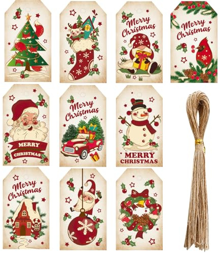 50 Stück Geschenkanhänger Weihnachten, Weihnachtsgeschenkanhänger, Weihnachten Anhänger Geschenk, Kraftpapier Etiketten Weihnachten, Anhängeschilder für DIY-Dekorationen (Mit 50 Stück Bindfaden)