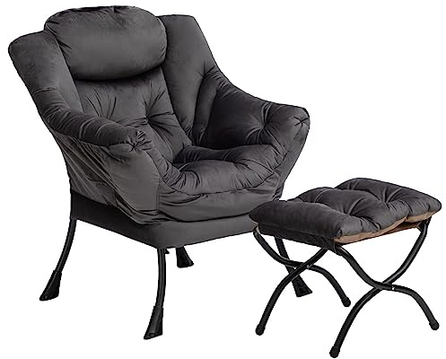 HollyHOME Ohrensessel mit Hocker Sessel mit Hocker Relaxsessel Samt Sessel Wohnzimmer Schlafzimmer Lesesessel Lounge Sessels Armlehnensessel, Grau