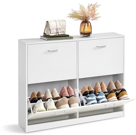 VASAGLE Schuhschrank 4 Klappen, Schuhkipper, Schuhregal, Schuhaufbewahrung, Trennwand verstellbar, für 16-28 Paar Schuhe, Flur, 24 x 105,5 x 82,7 cm, schneeweiß LBC035W01