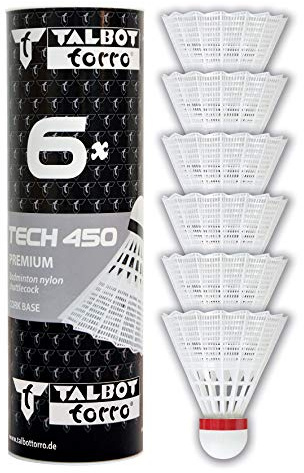 Talbot-Torro Tech 450 Badmintonbälle - 6er Dose, verschiedene Farben/Geschwindigkeiten wählbar (weiß/gelb, Geschwindigkeiten: langsam, mittel, schnell), Premium-Nylonfederball für Indoor & Outdoor