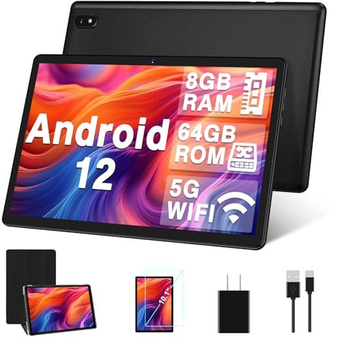 DMOAO Tablet 10 Zoll Android mit 5G WLAN, 8GB RAM + 64GB ROM(TF 1TB), Octa-Core 2.0 GHz, BT 5.0, Face ID, IPS 1280 * 800, 6000 mAh, HD Tablets mit Schutzfall, Schwarz