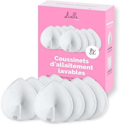 Livella | Waschbare Stilleinlagen (8 Stück) mit saugstarkem Kern aus natürlichen Bambusfasern/wiederverwendbar/inkl. Wäschenetz (Weiß)