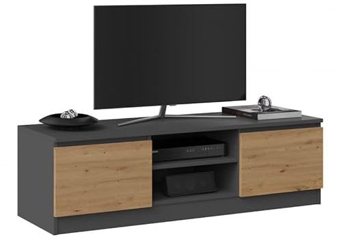 CDF TV Schrank Lowboard mit 2 Türen 2 Regale TV Board Fernsehschrank 120 cm lang Fernsehtisch für Fernseher Sideboard TV-Tisch Wohnzimmer Schlafzimmer Kabelöffnung Anthrazit/Eiche Artisan 40x120x36 cm