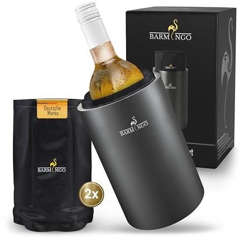 BARMINGO Weinkühler Edelstahl mit Kühlakkus – Getränkekühler & Flaschenkühler für Wein, Sekt, Champagner | Sektkühler doppelwandig mit Kühlmanschetten | Wine Cooler/Wein Kühler, Metallic Schwarz