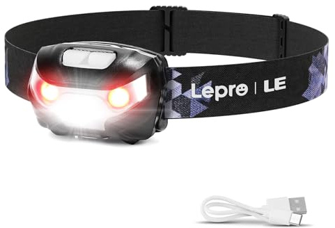 Lepro Stirnlampe LED Wiederaufladbar, USB C Kopflampe mit 5 Modi & Rotlicht | IPX4 Wasserdichte Mini Stirnlampe für Kinder, Leicht Stirnlampen Ideal für Joggen & Camping, 45° Werden, Schwarz