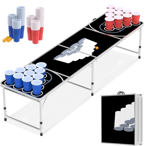 LARS360 Beer Pong Tisch Höhenverstellbar Tisch Klappbar Partyspiele inkl. 5 Bälle und 100 Becher (50 Rot & 50 Blau) Classic Party Spiel Trinkspiele, Schwarz