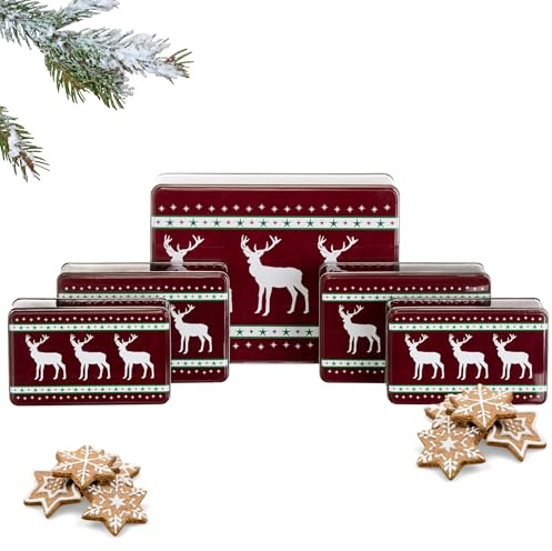 Brandsseller 5er Set Keksdosen aus Metall – Weihnachtsdosen mit Deckel, lebensmittelechte Vorratsdosen für Plätzchen, Gebäck & Kekse – Bordeaux Rentier