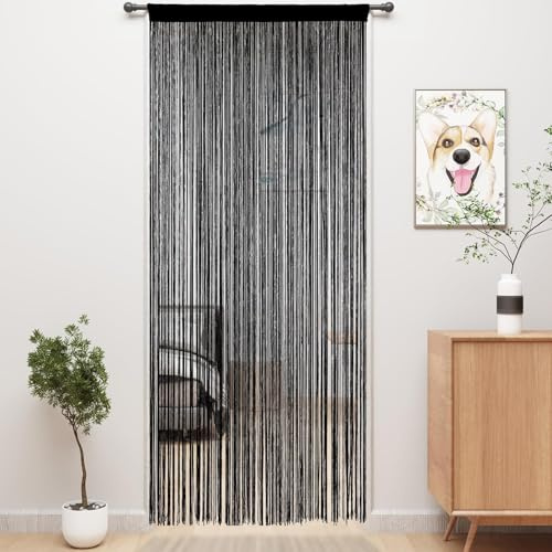 AHEJIOO 2 Stück Fadenvorhang Schwarz - 100 x 200 cm, Fadenvorhang Tür als Raumteiler, Fliegenschutz oder Dekoration, kürzbar und waschbar