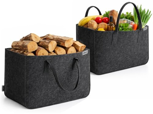 COM-FOUR® 2x Filz-Tasche xxl für den Einkauf, Zeitungen, Papier, Spielzeug, Picknick oder Strand, robust aus dickem Filz, perfekte Kaminholz-Tasche für Brennholz (02 Stück anthrazit 44x30cm)