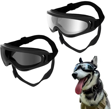 Yotlein 2 PCS Hundebrille für Mittel Große Hunde, Hunde Sonnenbrille mit Verstellbare Riemen, UV-Schutz, Winddicht, TPU Rahmen, PC Linsen, Schwarz und Silber/Grau, 18cm x 7,5cm x 6,5cm