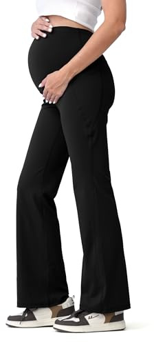 SUNNYBUY Damen Sport Schwangerschaftsleggings-Blickdichte Yogahose für Schwangere, Bootcut Umstandshose über dem Bauch, High Waist Leggings mit Taschen, Schwarz-32-L