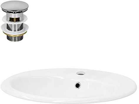 LuxeBath Waschbecken aus Keramik Weiß glänzend 570x485x195 mm oval mit Ablaufgarnitur Silber, Einbauwaschbecken mit Überlauf, Aufsatzwaschbecken Einbauwaschtisch Waschschale Waschplatz Handwaschbecken