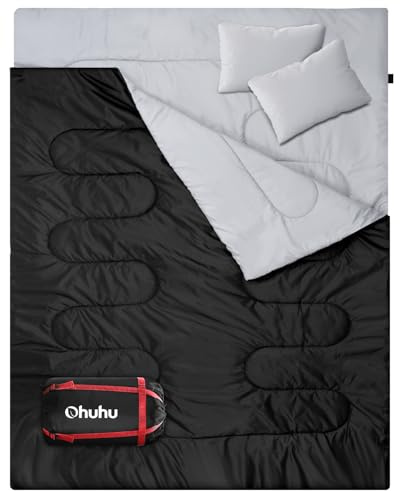 Ohuhu Doppelschlafsack, Schlafsack 2 Personen 220x150cm Schlafsack Outdoor mit 2 Kissen Deckenschlafsack für Camping, Wandern, Familie & Festival