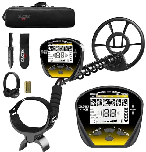 DR.ÖTEK Metalldetektor Set für Erwachsene, Leicht Metallsuchgerät Detektor Profi mit Pinpoint Modus & Exklusiver Speichermodus, wasserdichte Spule, LCD Display, Neur Fortschrittlicher DSP-Chip, Gelb