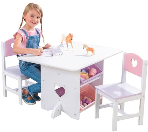 KidKraft Herz Kindertisch mit Stauraum und 2 Stühlen aus Holz - Kindersitzgruppe mit Aufbewahrungsbox, Kinder Tisch Stuhl Set, Kinderzimmer Möbel, 26913