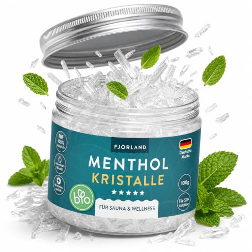Fjorland Mentholkristalle 100g - Premium Qualität für die Sauna - Kristalle aus Menthol - Saunaaufgüsse - In wiederverschließbarer Dose - 100% natürliche Inhaltsstoffe