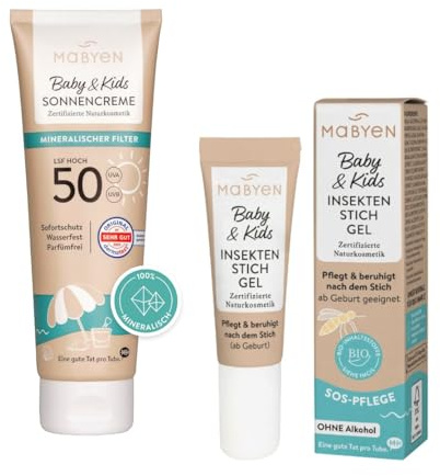 MABYEN Baby & Kids Sommerhelden Set – Mineralische Sonnencreme LSF 50 & Insektenstich-Gel, parfüm- & alkoholfrei, für empfindliche Haut ab Geburt, Recycling-Tuben