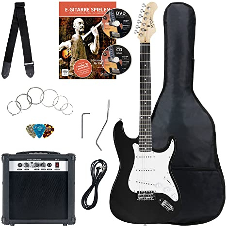 Rocktile Banger's Pack E-Gitarren Set, 8-teilig Black, 5-Wege Wahlschalter | Rocktile ST-Style E-Gitarre, Black Highgloss Finish, 3 Single-Coil Tonabnehmer, 1 Volume-/ 2 Toneregler, Tremolohebel, Gurt