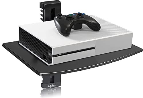 Suptek Schwebendes Regal, schwarz, mit verstärktem Hartglas, für DVD-Player/Kabel, Boxen/Spielekonsolen/TV-Zubehör
