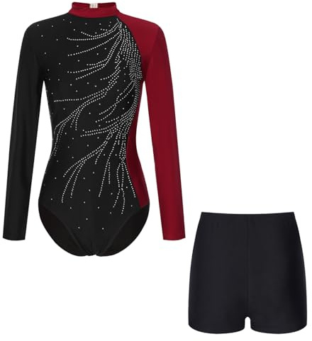 Yruioon Damen Turnanzug Glitzer Gymnastikanzug mit Shorts Langarm Ballettanzug Gymnastik Leotard Turnen Akrobatik Anzug Wettbewerb Tanzkostüm