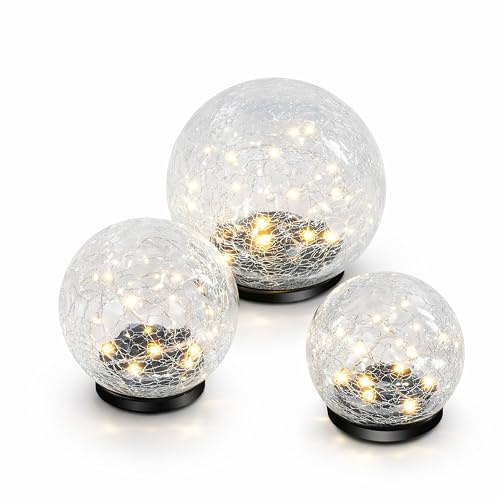 esotec Solar Leuchtkugeln Solarkugeln Bruchglas Garten, Leuchtdraht 102088 | Echtglas LED Glaskugeln 3er Set, Drahtlichterkette, warmweiß 3000K, bis 6Std, Akku wechselbar, Dämmerungssensor, Ø10/12/15cm