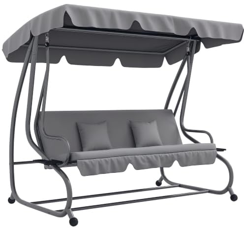 Outsunny Hollywoodschaukel mit Liegefunktion 200x120x164cm Hellgrau | 3-Sitzer, Verstellbarem Dach, Seitenklapptisch, Wasserabweisender Schaukelbank, Belastbar Bis 340kg, für Garten