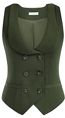Belle Poque Damen Weste mit Gebogenes Revers V-Ausschnitt Karierte Weste mit Zwei Taschen Geometrischer Saum Einfarbig Jacke