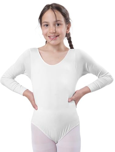 Balletttrikot für Mädchen, langärmlig, Rundhalsausschnitt, Tanztrikot für Mädchen, für Tänzerin, Gymnastik, weiß, 10 Jahre