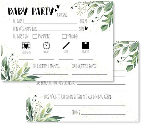 Gentle North Babyparty Spiele (25 Karten - beidseitig Bedruckt) - Deutsch - Babyshower Spiele für Junge und Mädchen - Deko Baby Shower Party Spiel - Eucalyptus Gold