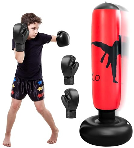 Boxsack für Kinder, 160cm Boxsack Kinder Stehend, Boxsack Stehend mit Boxhandschuhen, Aufblasbare Standboxsack für Indoor, Outdoor, Gym ab 3-12 Jahre für Jungen & Mädchen im Alter Rot