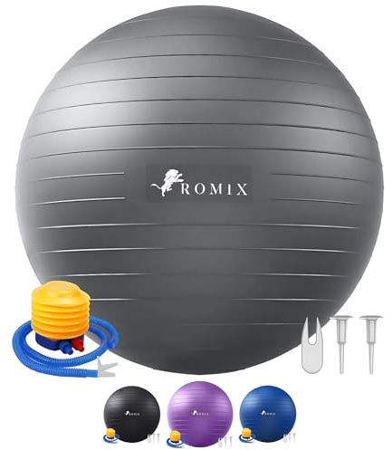 ROMIX Gymnastikball 55cm 65cm 75cm, Anti-Burst Sitzball mit Luft-Pumpe für Balance und Stabilität, Aufblasbarer Pilates Ball für Yoga Übung, Ball für Fitness, Gymnastikball Schwangerschaft - Silber