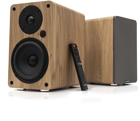 VULKKANO A5 ARC Aktivlautsprecher mit 5.25 Woofer, Bluetooth 5.0, HDMI ARC, Optica, RCA, USB, mit Subwoofer-Ausgang, Regallautsprecher mit elegantem Design, Braun