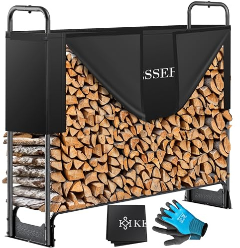 KESSER® Kaminholzregal Metall 130x36x117cm Brennholzregal außen Stahlrahmen + Abdeckung & Handschuhe Kaminholzunterstand 200kg Wasserdichter Holzlager Holzstapelhilfe für Garten Terrasse