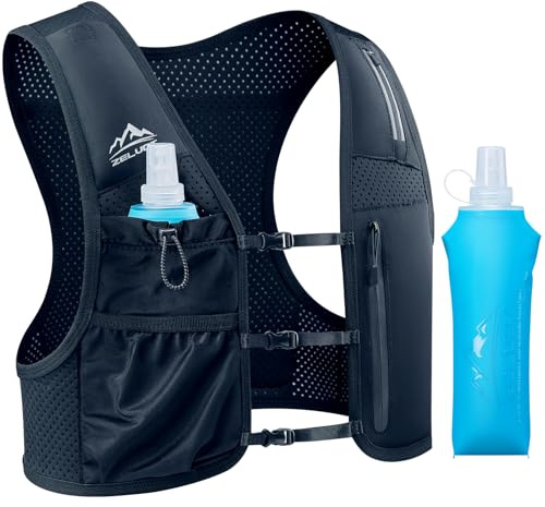 Zelvot Laufweste Damen Herren, Trinkweste mit 500-ml-Trinkflasche Laufen | 5 Fronttaschen, Rücktasche, 3 verstellbare Brustgurte, 7,5 oz, 7-Zoll-Handyfach, Reflexstreifen für Marathon und Trailrunning