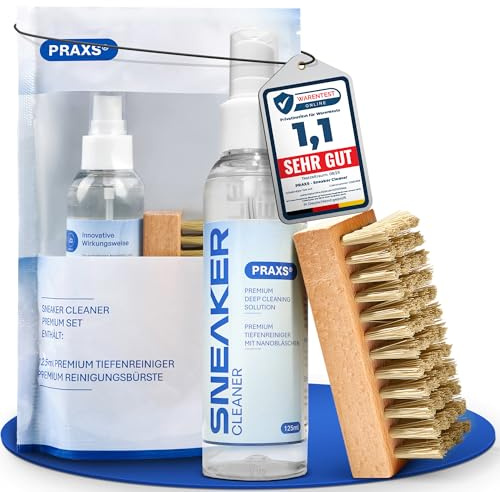 PRAXS® Sneaker Cleaner Set 125 ml, Schuhreiniger für alle Schuhe | Wildleder, Nubuk, Suede & Mesh Reiniger, biologisch abbaubar, inkl. Bürste, Rauleder