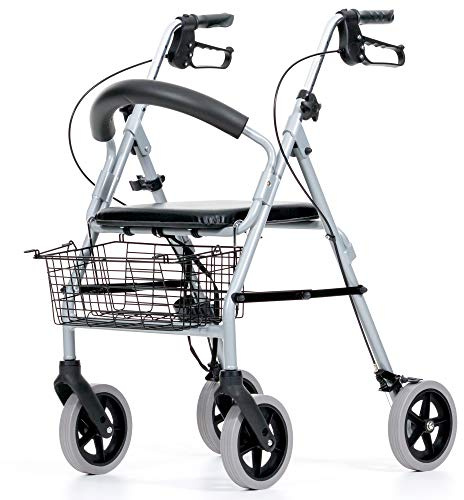 REHASHOP Leichtgewichtrollator Vigeo - inkl. Korb, Stockhalter, Rückenlehne und Pannensichere PU Bereifung