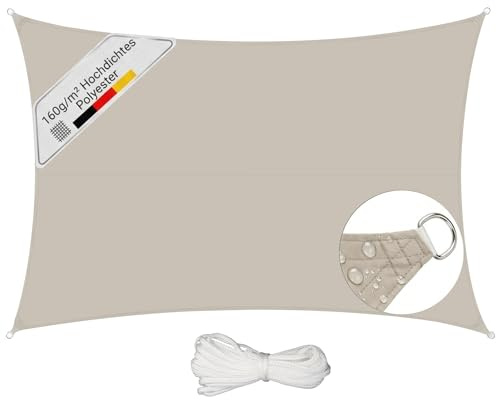 Sunula Sonnensegel Wasserdicht 3x4m Rechteckig – hochdichtes PES 160g/m², mit umlaufendem Gurtband & Edelstahl-Ringen, Nahtversiegelung & bis zu 95% UV-Schutz, für Balkon Terrasse Garten, Taupe