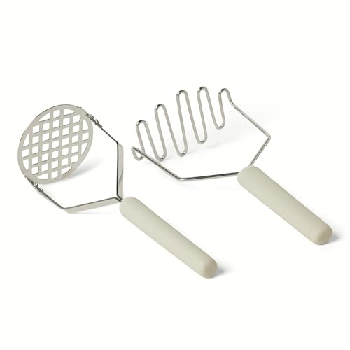 Amazon Basics Kartoffelstampfer, 2-teiliges Set, Edelstahl, Softgrip-Griff, Spülmaschinenfest, Leinengrau